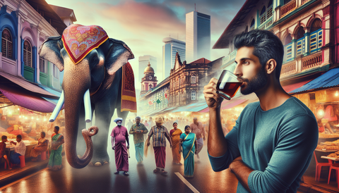 Elefant und teetrinkender Mann