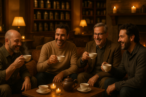 a group of men enjoying drinking tee and having a conversation in a cozy enviroment