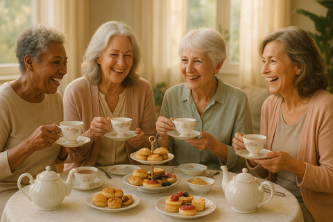 a group of older women drinking tee and having a conversation 