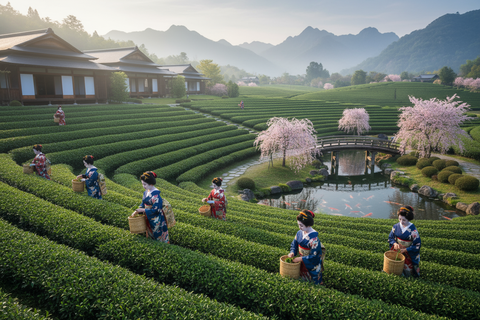 Japanischer Teegarten mit teepflückenden Geishas