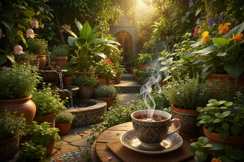 Orientalischer Kräutergarten. Im Vordergrund eine verzierte Tasse dampfenden Kräutertees