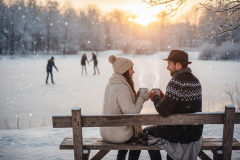 Paar sitzt am Schlittschuhteich. In der Hand jeweils ein Becher dampfenden Tees